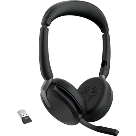 Jabra Evolve2 65 Flex Link380a UC On Ear headset Bluetooth Stereo Zwart Noise Cancelling Headset, Microfoon uitschakelbaar (mute), Volumeregeling,