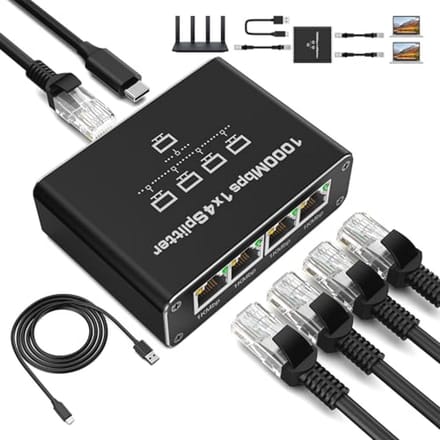 LAN-splitter 1 naar 4 - 1000 Mbps Ethernet Splitter met Gigabit RJ45 poorten