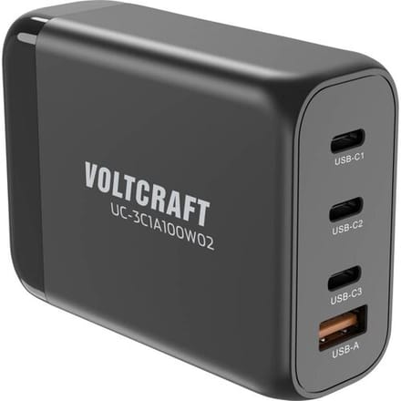 VOLTCRAFT UC-3C1A100W02 USB-oplader 100 W 3x USB-C, 1x USB-A USB PD Zwart Binnen GaN, USB Power Delivery (USB-PD), Snellader