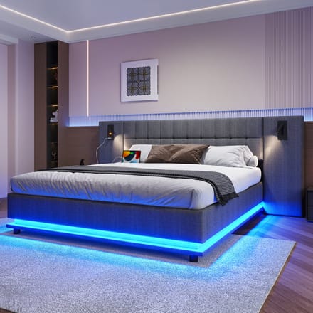 Gestoffeerd Bed 180x200 cm - Met LED Lichtstrip En Spotverlichting - Usb - Linnen - Grijs