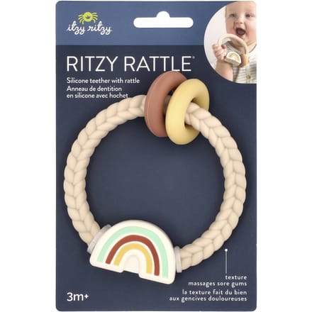 itzy ritzy, Ritzy Rattle, hochet de dentition en silicone, 3 mois ou plus, arc-en-ciel neutre, 1 pièce beige
