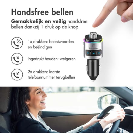 imoshion Bluetooth FM Transmitter - Snellader USB-C - Autolader USB-A - Bluetooth Receiver Carkit - Zwart / Zilver