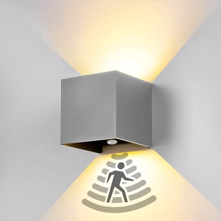 XEOD LED Wandlamp Met Bewegingssensor – Sensor Buitenlamp Binnen Lamp – Waterbestendig – 2700 K – Vierkant – Grijs