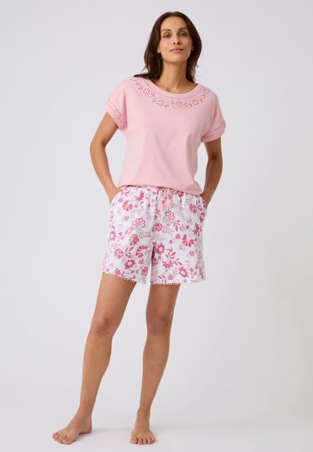 Damart - Korte pyjama met Engels borduurwerk - Dames - Wit - 38-40 (S)