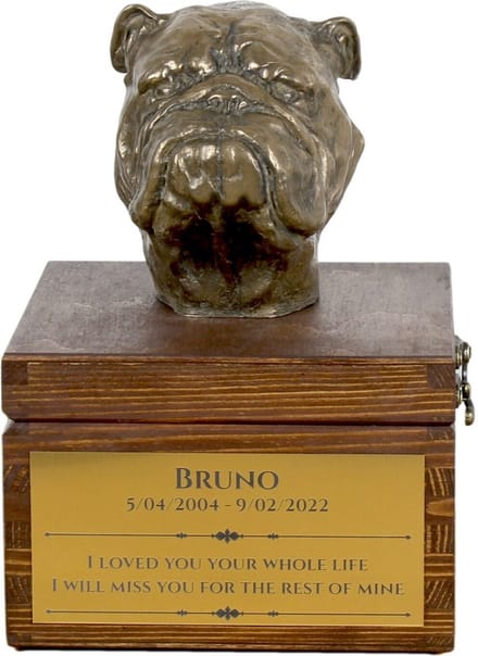 Engelse Bulldog urn hond met beeldje - gepersonaliseerde hondenurn
