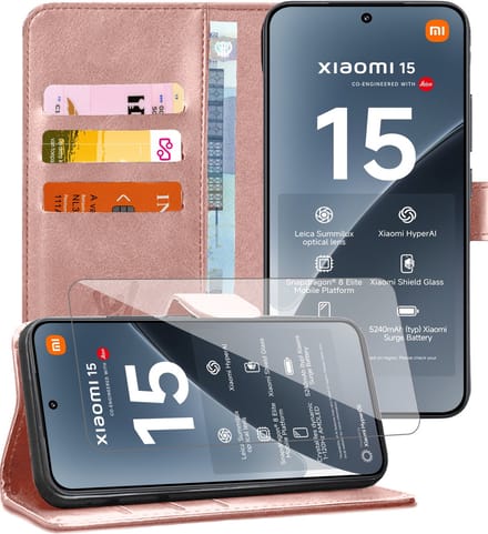 Hoesje geschikt voor Xiaomi 15 - Screenprotector Glas - Portemonnee Book Case Rosegoud
