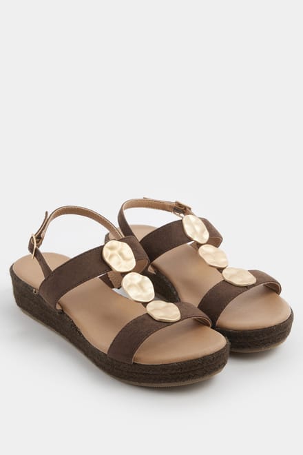 Yours Chocoladebruine Sleehaksandalen Met Gehamerde Schijfjes In Brede Epasvormsize 37EEE