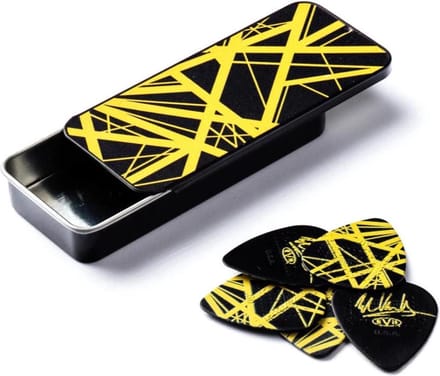 Jim Dunlop EVH Black Yellow - Plectrums - Nylon Max Grip - 0,60 mm - Blik 6 Stuks