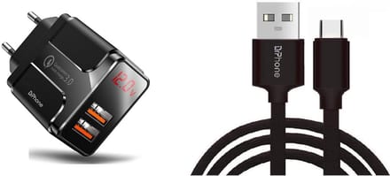 DrPhone PS-Y - Snellader Set – USB-C Kabel 2M + 18W Quick Charge 3.0 Adapter – Dubbele USB Lader met Digitaal Display – Zwart