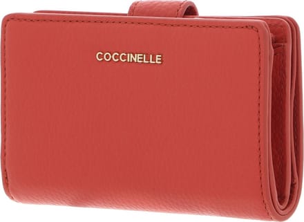 COCCINELLE Leren Portemonnee Metallic Soft Mini Wallet Grained Leather Grenadine Red Lichtrood