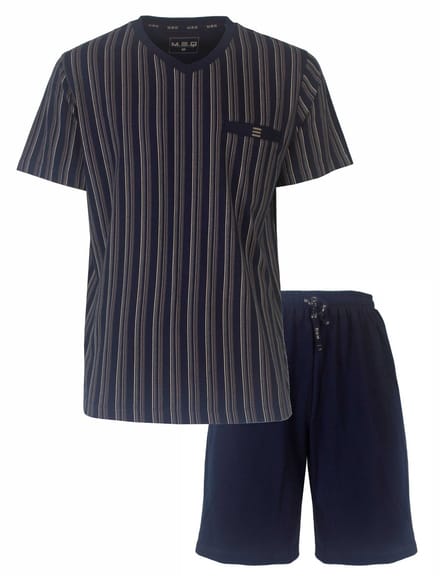 MEQ Heren Shortama - Pyjama Set - 100% Katoen - Gestreept Blauw - Maat S