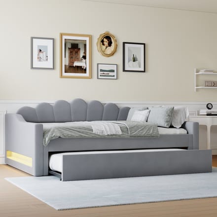 Wishdor Gestoffeerd Dagbed 140x200 cm – Uitschuifbed – LED 7 Kleuren – Linnen – Grijs