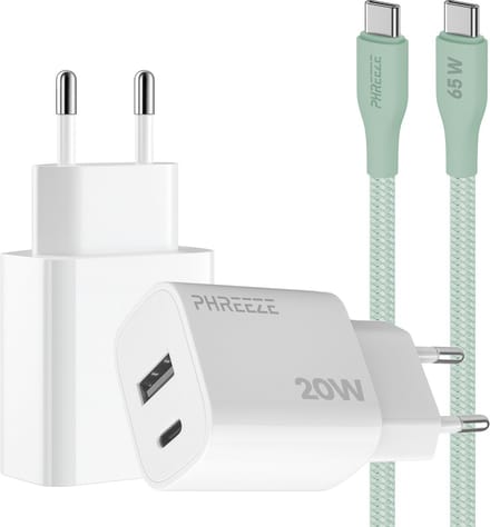 Phreeze usb C adapter 20 W groen met usb C naar usb C kabel 1 meter - Snellader voor smartphone en tablet - Met 2 poorten