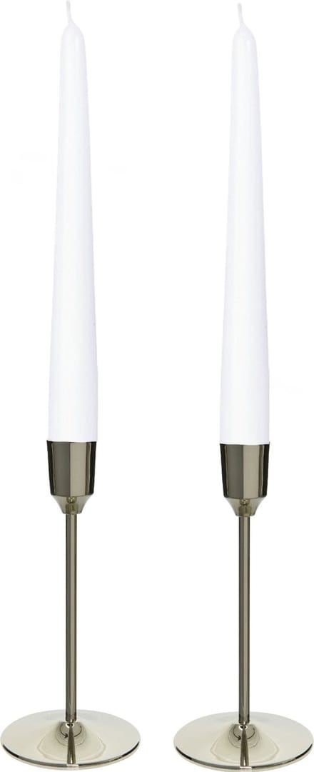 Kandelaars 2x aluminium zilver 20 cm met 12x dinerkaarsen wit