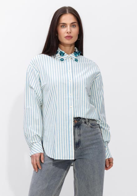 Jansen Amsterdam Micky Blouse Sa 751 Stripe Long Sleeve Sequins At Collar Dames - Jurken - Wit - Maat 34