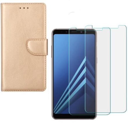 hoesje Geschikt voor: Samsung Galaxy A8 2018 Portemonnee Goud met 2 stuks Glas Screen protector