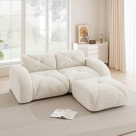 MODENUIT Modulaire Bank 2-Zits Met Hocker - Flexibele Framevrije Opstelling - Voor Woonkamer - Chenille - Wit