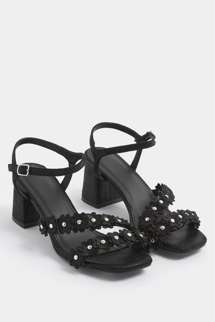 Yours Black Shimmer Floral Block Heelsandalen In Extra Wide Eee Pasvormsize 38EEE