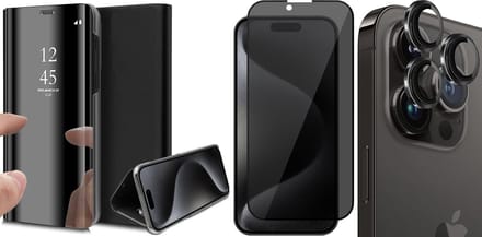 Hoesje geschikt voor iPhone 15 Pro Max - Privacy Screenprotector FullGuard & Camera Lens Screen Protector Zwart - Book Case Spiegel Zwart