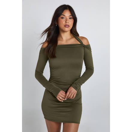 boohoo Dames Halternek Bardot Mini-jurk met lange mouwen | Olijf | Maat: 38