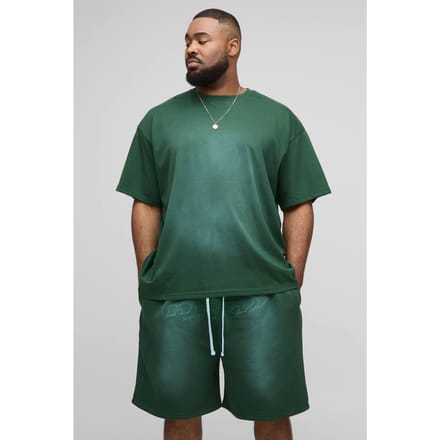 Plus OFCL Applique Spray Wash T-Shirt & Oversized Drop crotch Short Set | Green | Size 4XL