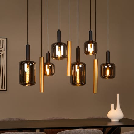 Lucide hanglamp Joanet, lengte 130 cm, rook/messing, glas, 9-lamps.