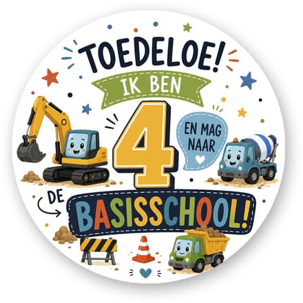 Traktatiestickers Graafmachine & Bouwverkeer – Naar de Basisschool | 25 stuks | 4 cm
