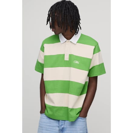 Regular Fit Korte Mouw Geborduurd Gestreept Rugby Polo | Green | Size Medium