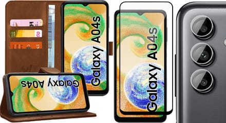 Hoesje geschikt voor Samsung Galaxy A04s / A13 5G - Screenprotector FullGuard & Camera Lens Screen Protector - Book Case Kunstleer Pasjeshouder Bruin
