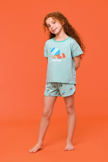 Woody pyjama meisjes - kreeft - lichtturquoise - 251-10-PZG-S/708 - maat 128
