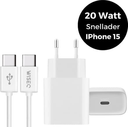 20W Snellader met USB C kabel 1m - Premium lader geschikt voor iPhone 17 / 16 / 15 - Compacte USB C adapter - USB C oplaadkabel 1m - wit - WiseQ