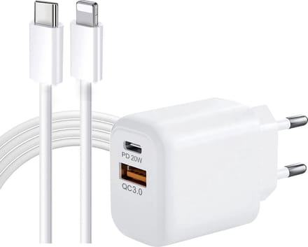Dual USB C & USB A Port 20W USB-C Lader met Oplader Kabel - 1 Meter - Geschikt voor iPhone - Snellader USB C