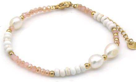Armband - RVS - glaskralen en parels - goudkleurig - 16-21 cm - dames