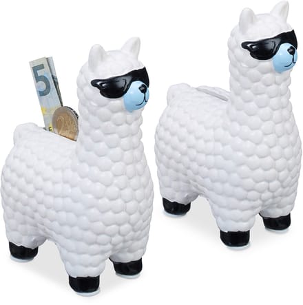 2x Lama spaarpot met zonnebril - spaarvarken - alpaca - keramiek - wit