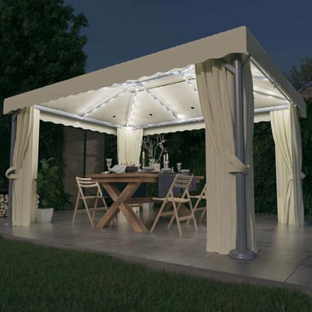 vidaXL - Prieel - met - gordijn - en - LED-lichtslinger - 4x3 - m - crèmewit