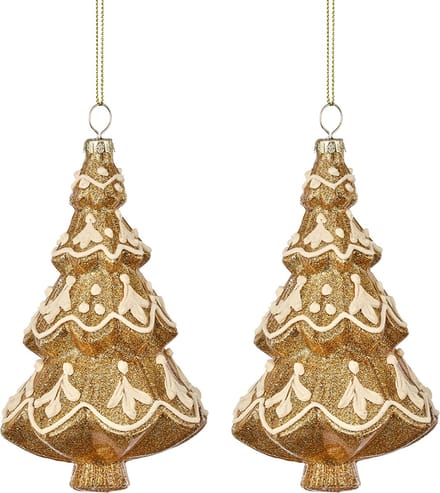 Viv! Christmas Kerstornament - Gingerbread Kerstboom - set van 2 - glas - bruin wit - 14cm