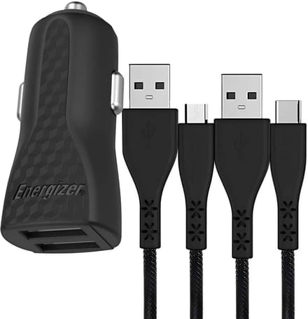 ENERGIZER, Autolader 2.4A - HardCase - 2x USB-A - Met USB-C & Micro-USB Kabel, Zwart
