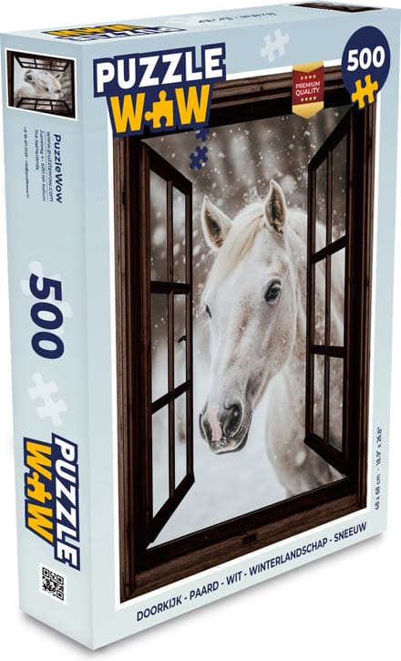 Puzzel Doorkijk - Paard - Wit - Winterlandschap - Sneeuw - Legpuzzel - Puzzel 500 stukjes