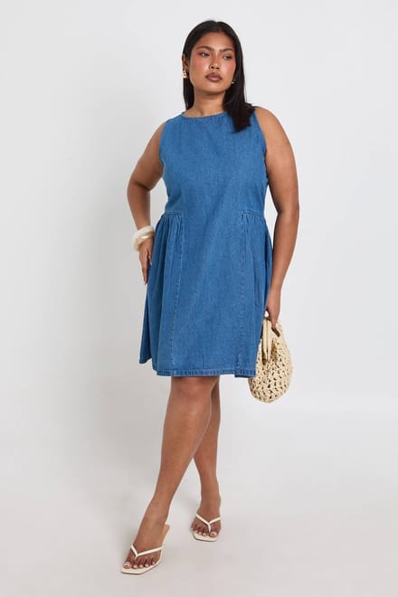 boohoo Dames Plus Chambray Mini Skater Jurk | Medium Gebleekt | Maat: 44