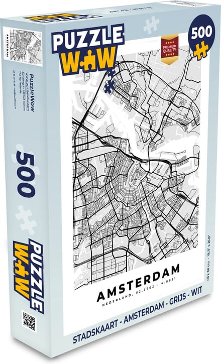 Puzzel Stadskaart - Amsterdam - Grijs - Wit - Legpuzzel - Puzzel 500 stukjes - Plattegrond