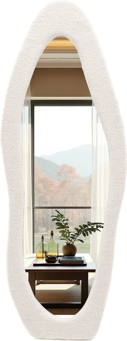 SensaHome Gestoffeerde Staande Spiegel Shaped - Passpiegel Suede Velvet - 60x160 - Teddy Wit