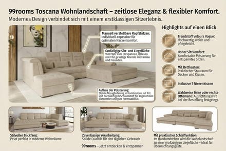 Corner Sofa with Sleep Function 212x363x100 cm – Modern Toscana Velour Living Room L-Shape Couch with Ottoman, Adjustable Headrests, Foldable Armrest, Storage & Cushions – Abkantoor