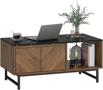 HOMCOM Lage tafel, woonkamertafel met dienblad met marmereffect, 2 deuren en 2 open vakken, stalen frame, moderne stijl, voor woonkamer, bureau, 100x45,7 cm, walnoot
