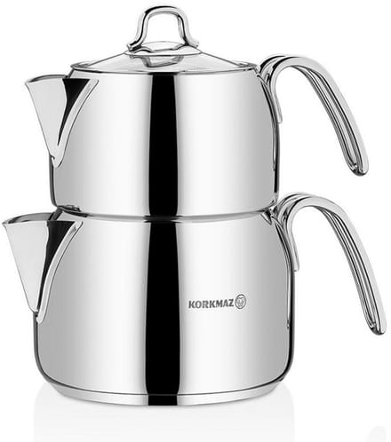 Korkmaz Perla Midi - Theepot - RVS - 0.7 + 1.4 Liter - Traditioneel - Set van 3 stuks