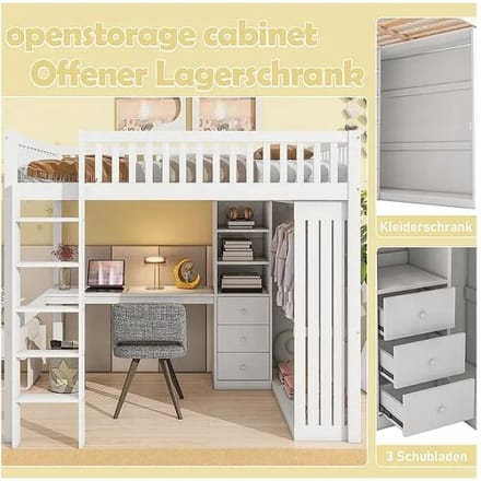 KOMHTOM Mezzanine bed, 140*200 cm, bureau, kledingkast, 3 laden, open kastruimte, balustrade, trap, zonder matras, wit
