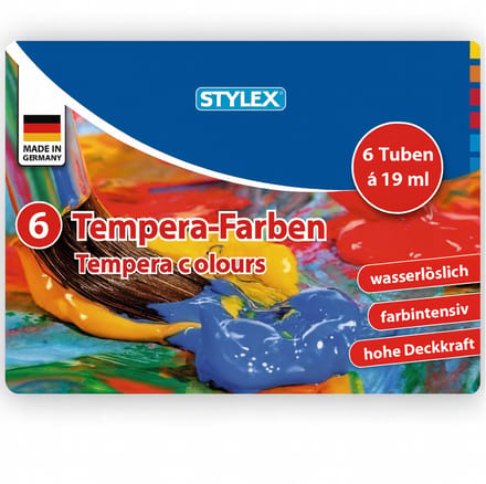 Stylex Tempera Verf - 6 tubes à 19ml - Geel, rood, dekwit, blauw, groen, zwart