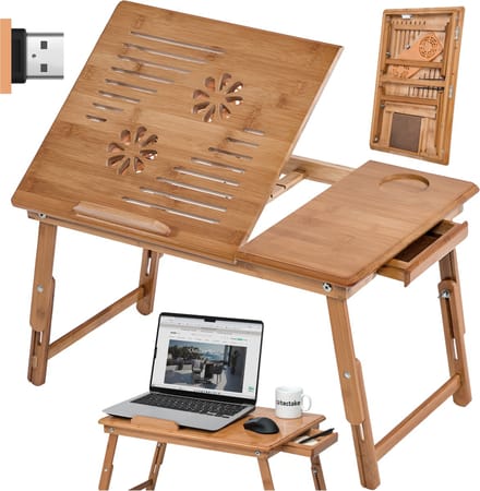 tectake® Laptoptafel - Notebooktafel voor Bed - Opklapbaar en In Hoogte Verstelbaar van Hout - Diverse Modellen - (55x35 cm met Ventilator | nr. 401655)