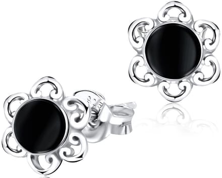 Joy|S - Zilveren classic bloem oorbellen jet black 8 mm