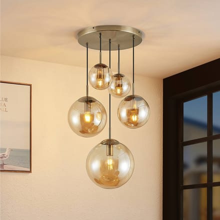 Lindby - hanglamp - 5lichts - Glas, staal - H: 30 cm - E27 - amber, oud messing
