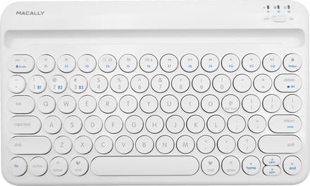 Macally BTTABKEYBAT compact draadloos bluetooth-toetsenbord met geïntegreerde iPad/tablet-sleuf, oplaadbare batterij en multi device (tot 3 apparaten) ondersteuning - QWERTY - Wit